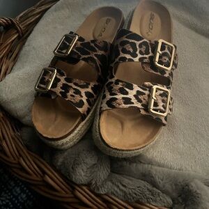 Leopard Print Sandals with Gold Buckles